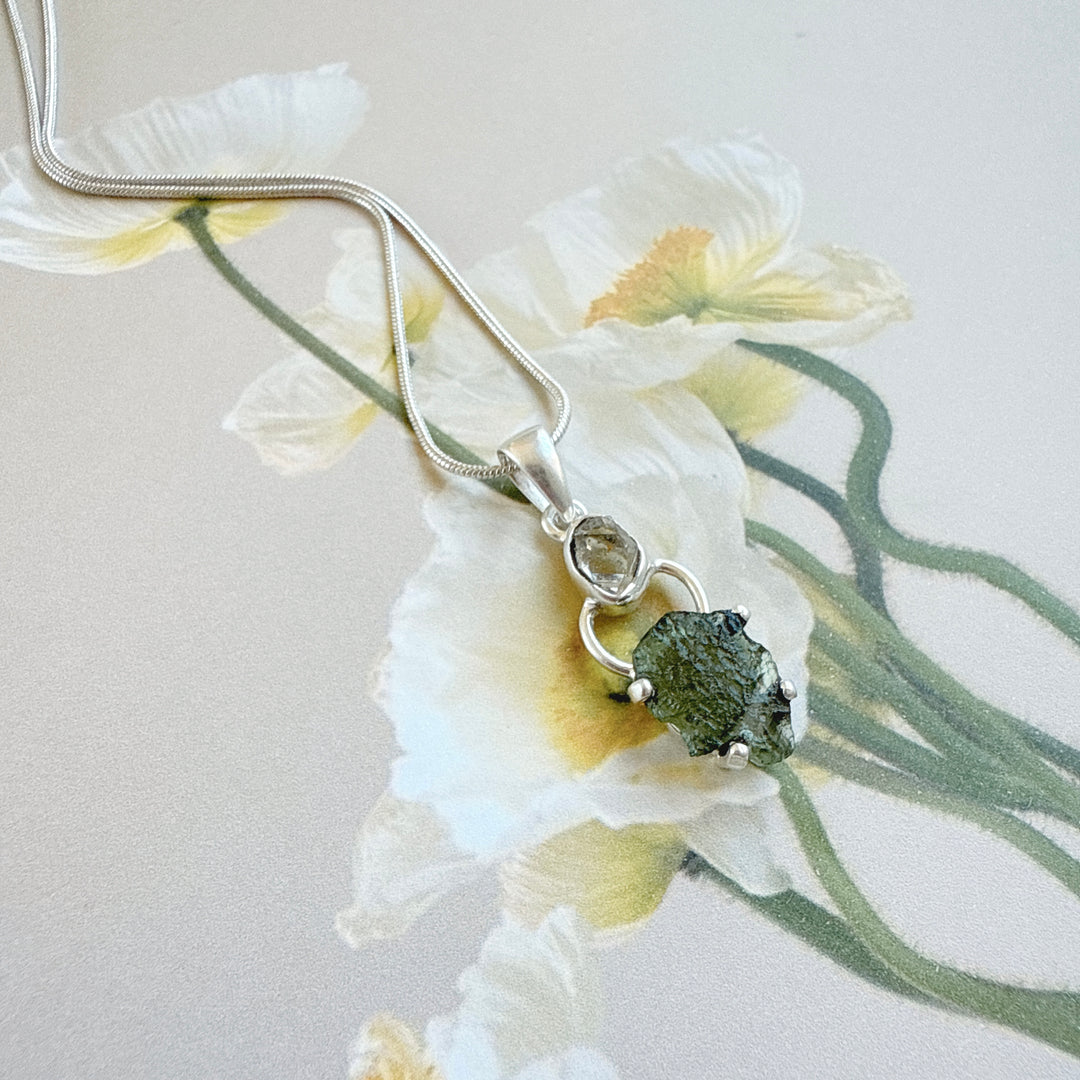 MOLDAVITE & HERKEMIER DIAMOND PENDANT