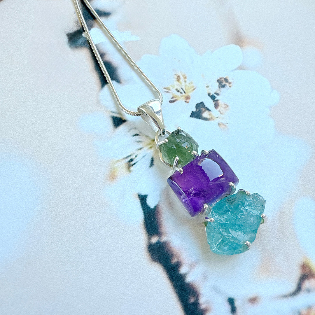 Moldavite,
Amethyst & Neon Blue Apatite Pendant