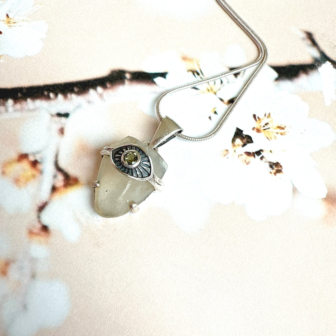 Faceted Moldavite and Libyan Desert Evil Eye Pendant
