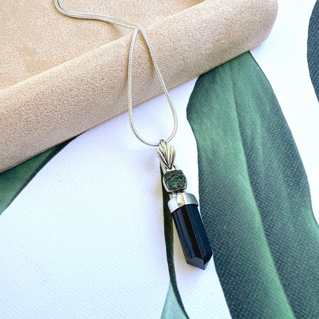 MOLDAVITE & BLACK TOURMALINE PENDANT