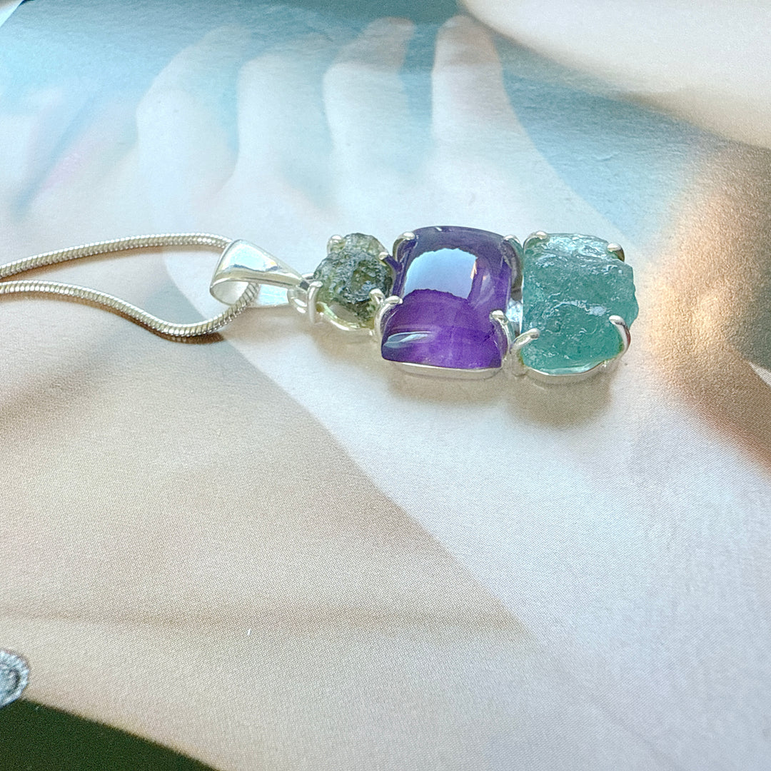 Moldavite,
Amethyst & Neon Blue Apatite Pendant