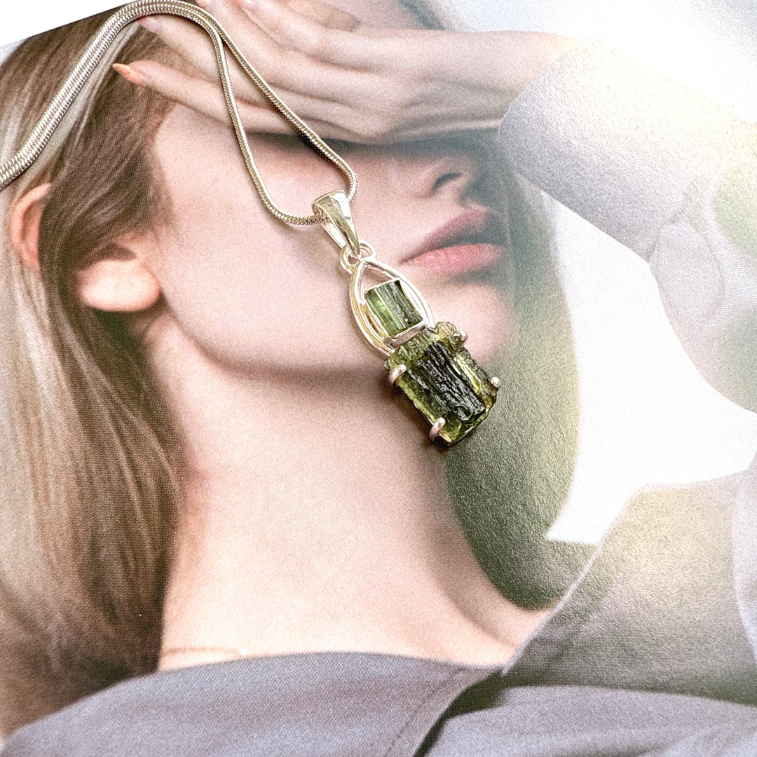 Moldavite & Green Tourmaline Pendant