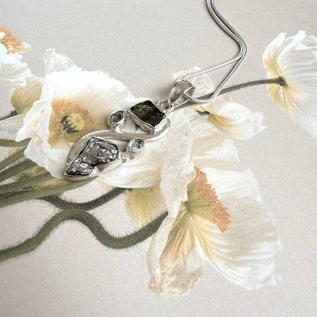 MOLDAVITE, HERKIMER DIAMOND, METEORITE CAMPO DEL CIELO PENDANT