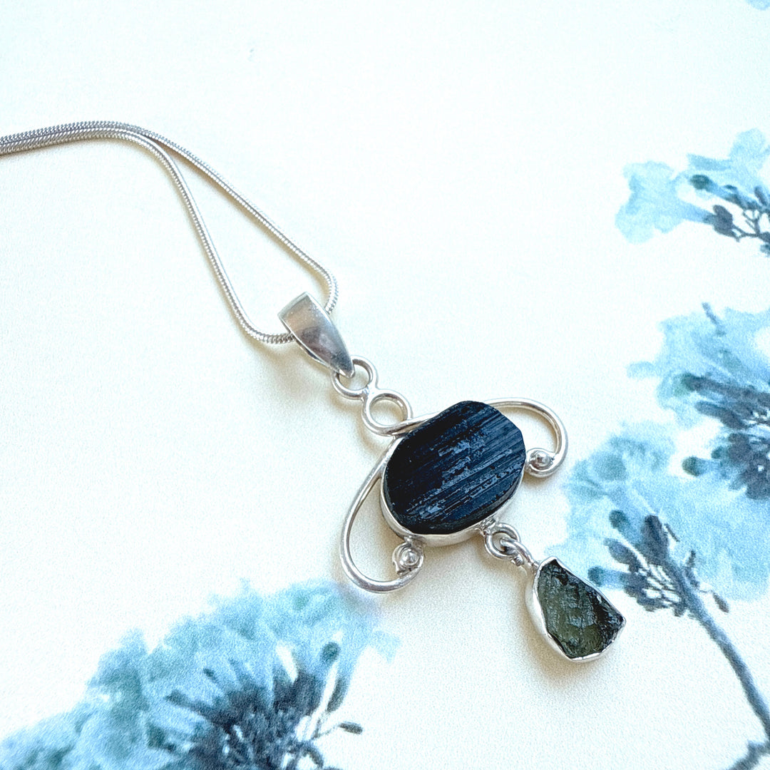 MOLDAVITE & BLACK TOURMALINE PENDANT