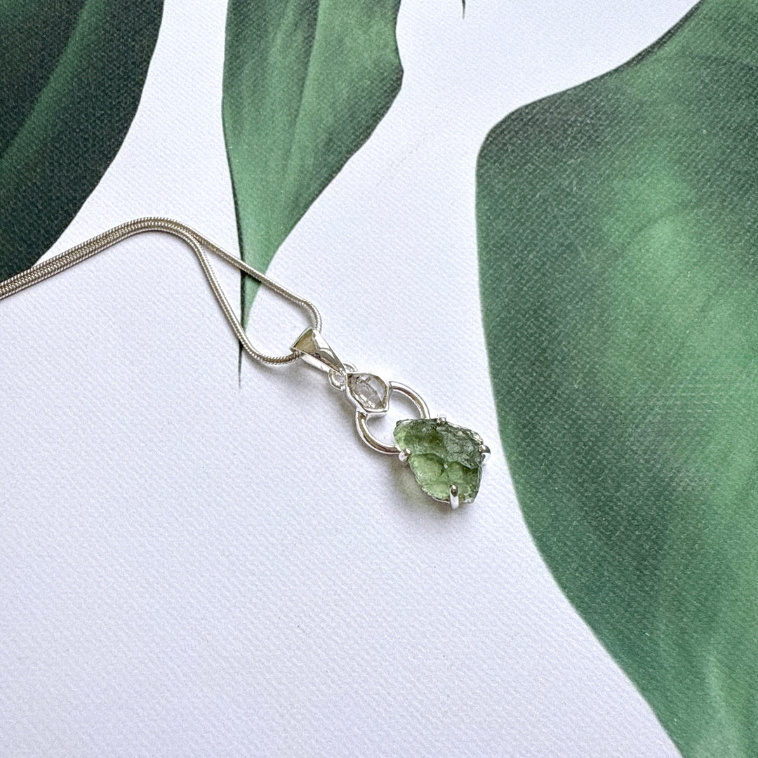 Moldavite & Herkimer Pendant