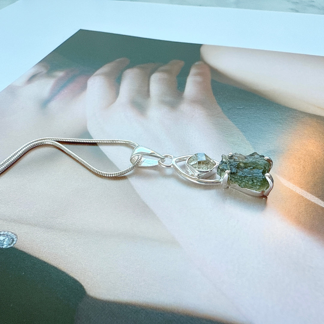 MOLDAVITE & HERKEMIR DIAMOND PENDANT