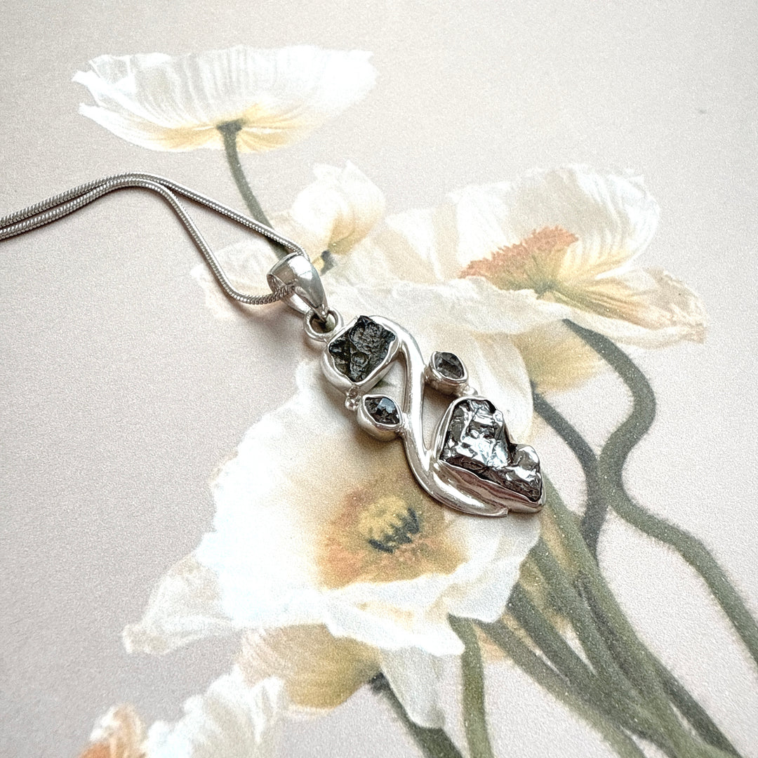 MOLDAVITE, HERKIMER DIAMOND, METEORITE CAMPO DEL CIELO PENDANT