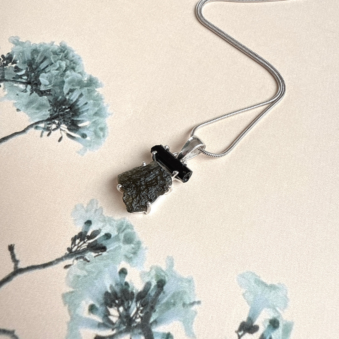 MOLDAVITE & BLACK TOURMALINE PENDANT