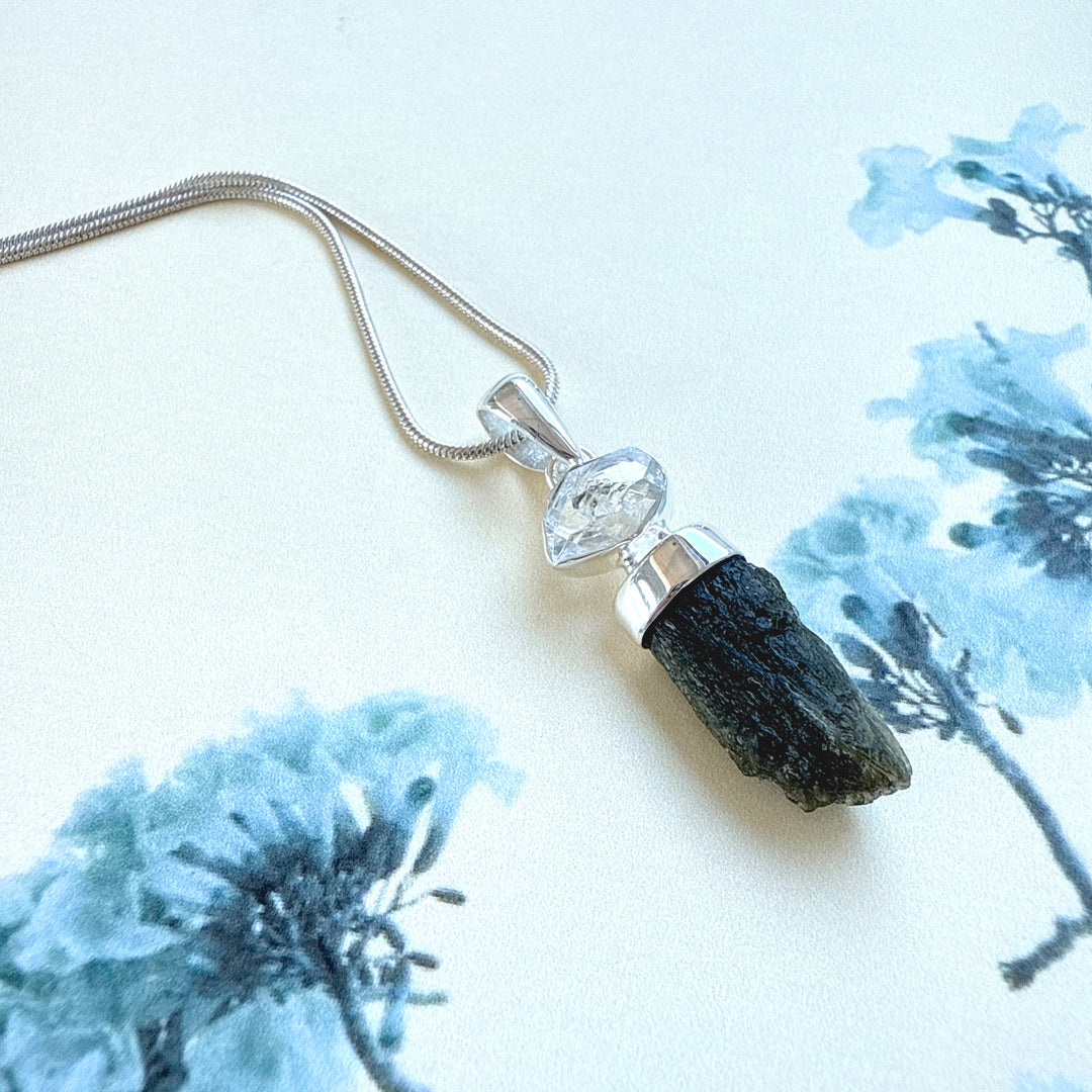 MOLDAVITE & HERKEMIR DIAMOND PENDANT