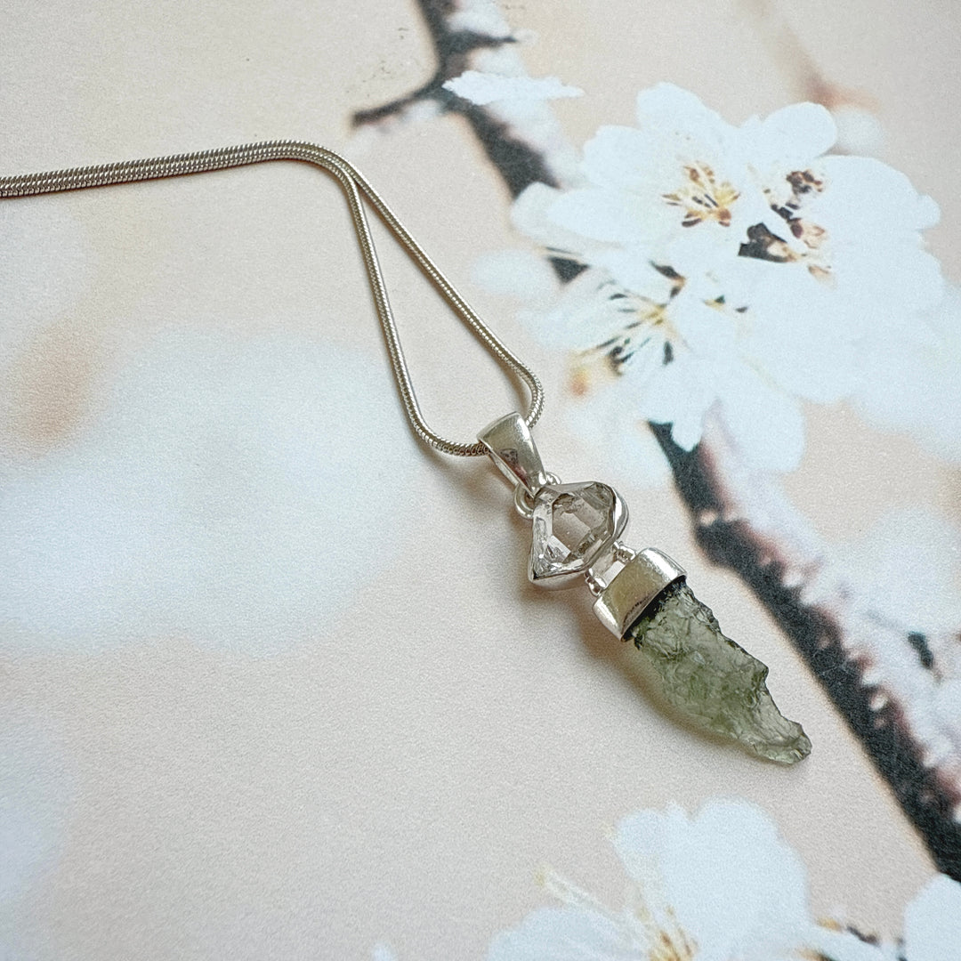 MOLDAVITE & HERKEMIER DIAMOND PENDANT