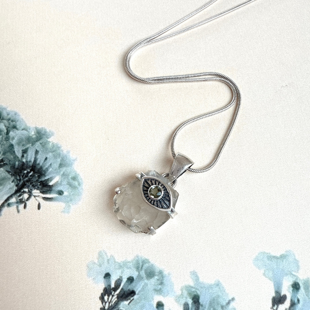 Faceted Moldavite and Libyan Desert Evil Eye Pendant