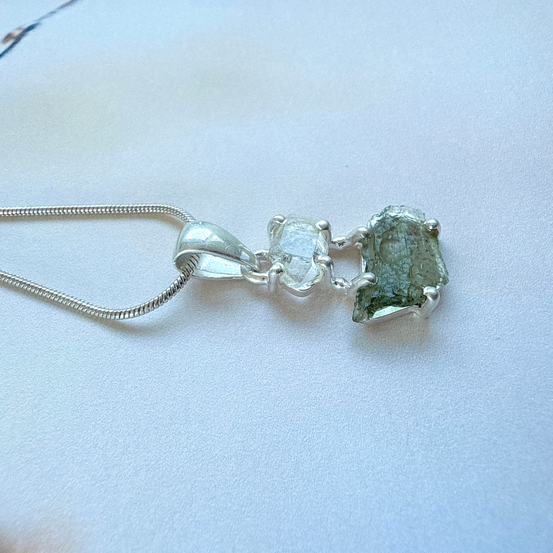 Moldavite & Herkimer Pendant