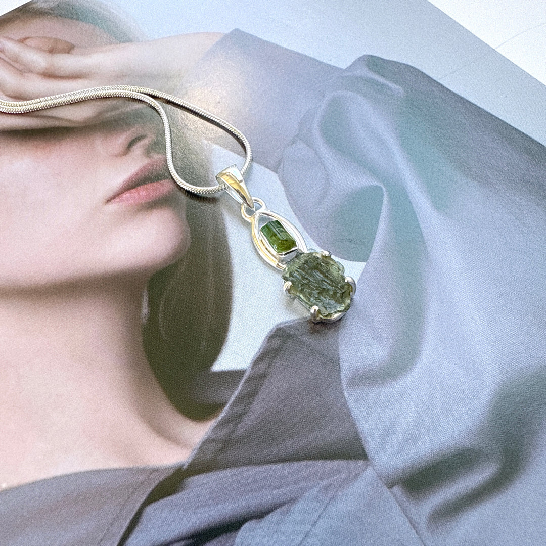 Moldavite & Green Tourmaline Pendant