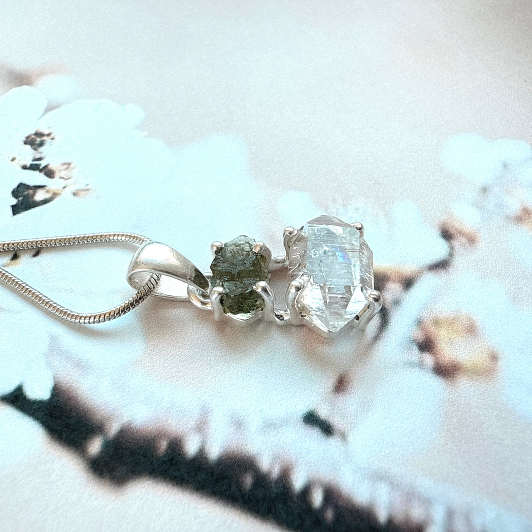 MOLDAVITE & HERKEMIER DIAMOND PENDANT