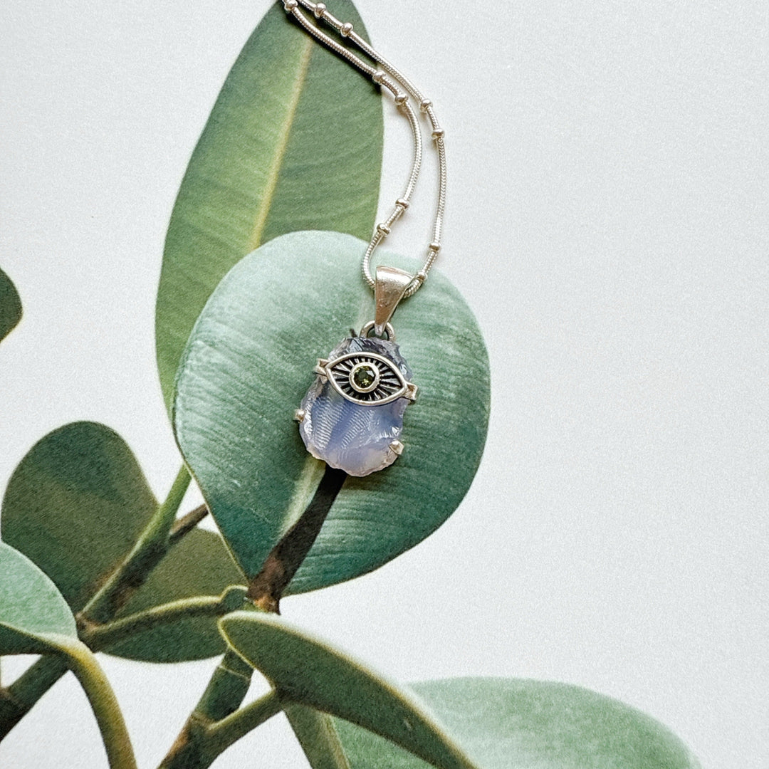 Evil Eye Pendant with Lavender & Faceted Moldavite