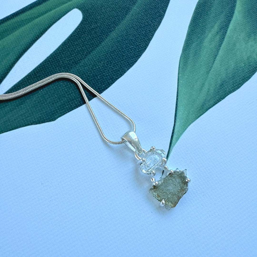 MOLDAVITE & HERKEMIER DIAMOND PENDANT