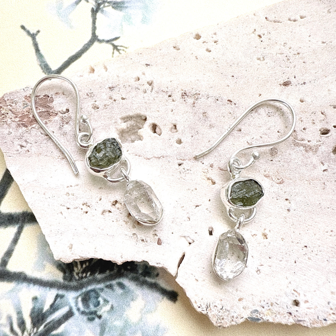 Moldavite & Herkemir Diamond Earrings