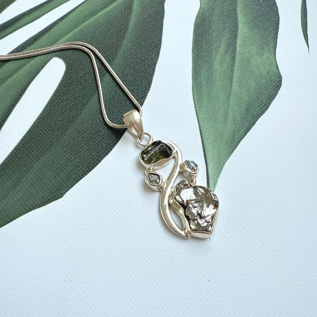 MOLDAVITE, HERKIMER DIAMOND, METEORITE CAMPO DEL CIELO PENDANT