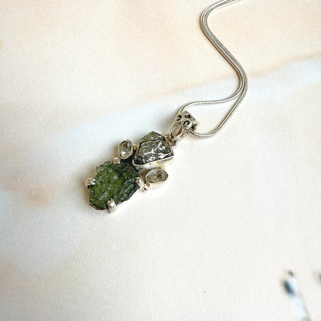 MOLDAVITE, HERKIMER DIAMOND, METEORITE CAMPO DEL CIELO PENDANT