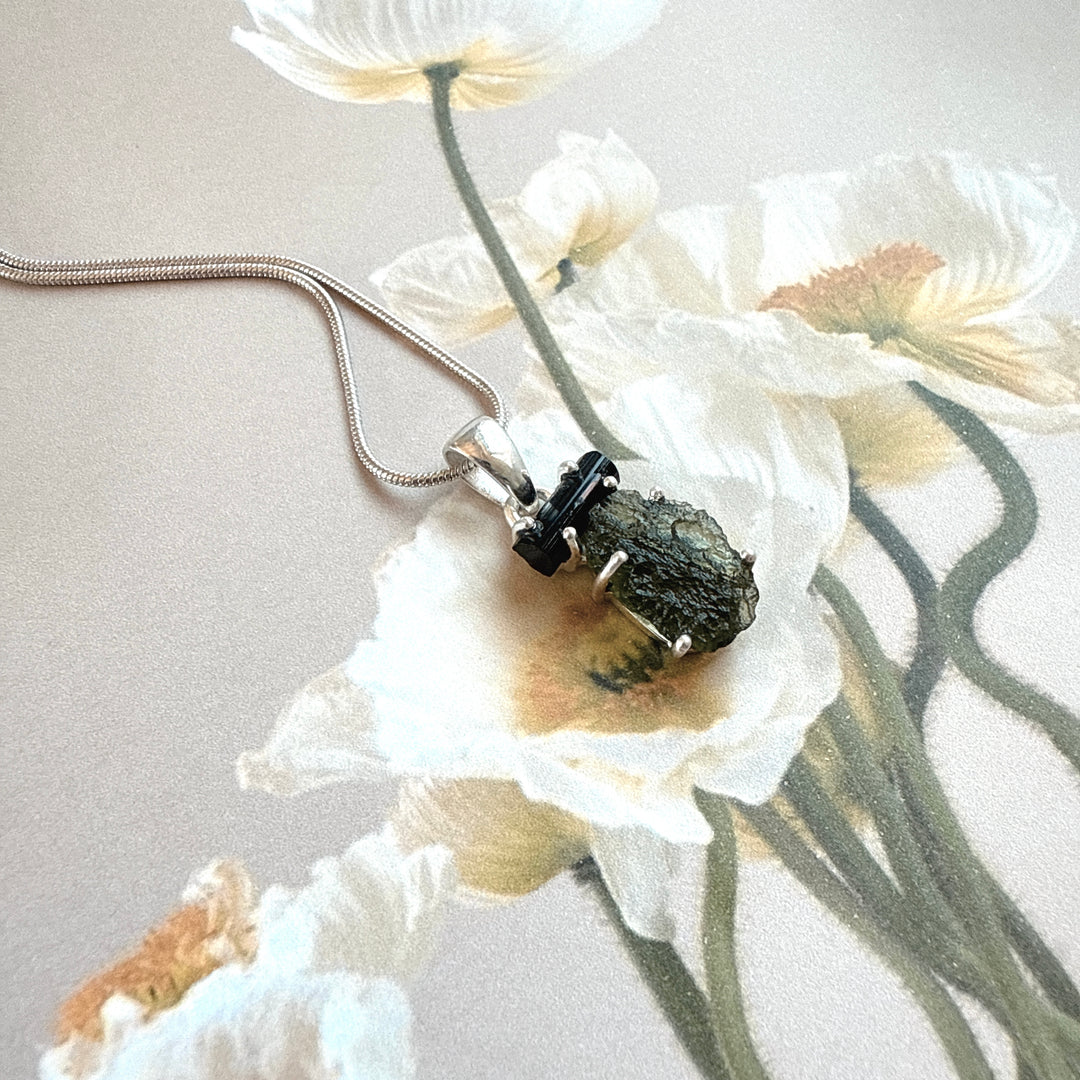 MOLDAVITE & BLACK TOURMALINE PENDANT