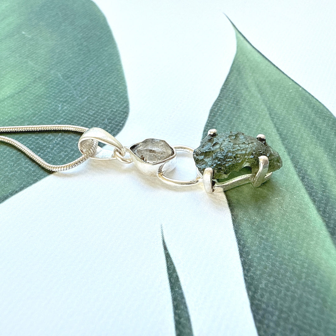 MOLDAVITE & HERKEMIER DIAMOND PENDANT