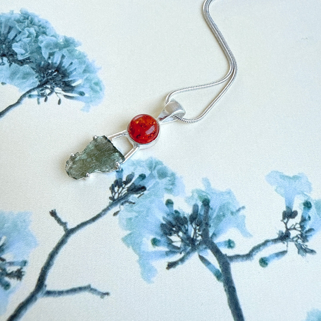 MOLDAVITE & BALTIC AMBER PENDANT
