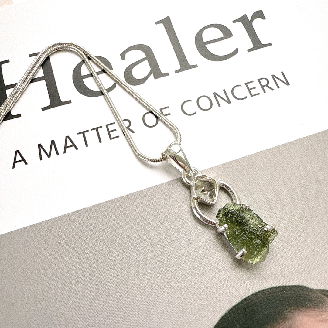 Moldavite & Herkimer Pendant