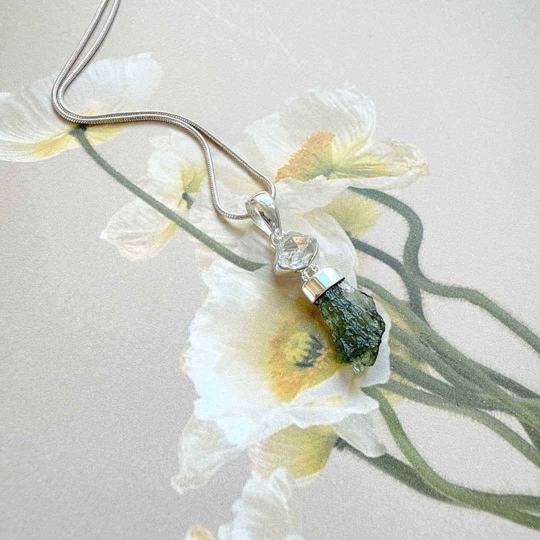 MOLDAVITE & HERKEMIR DIAMOND PENDANT