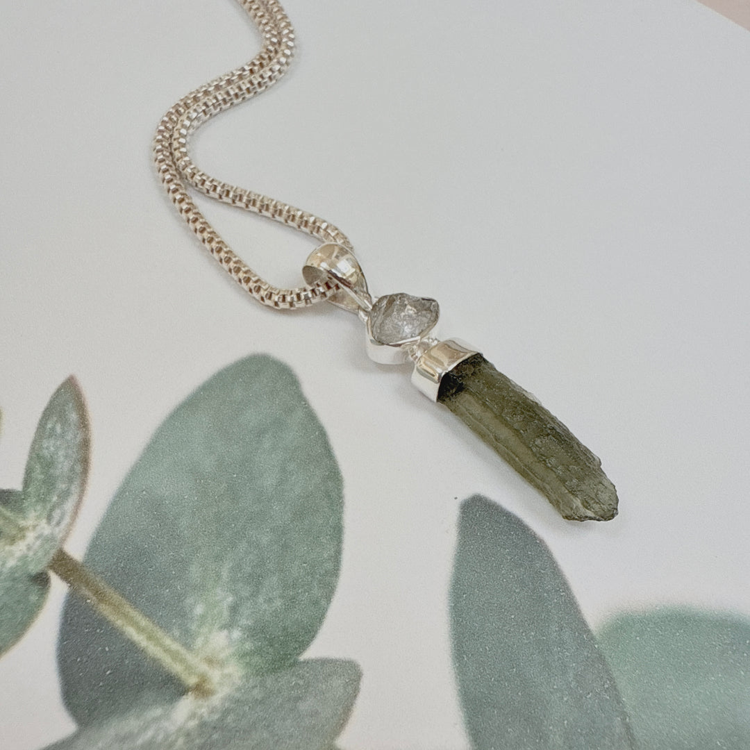MOLDAVITE & HERKEMIR DIAMOND PENDANT