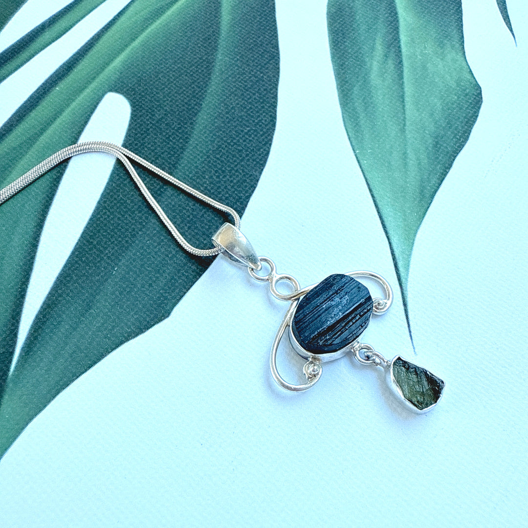 MOLDAVITE & BLACK TOURMALINE PENDANT