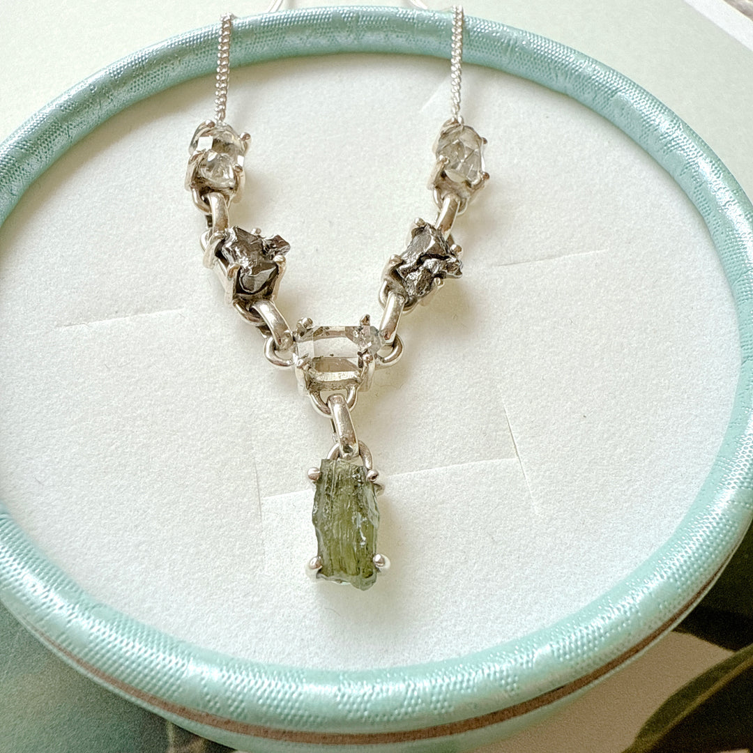 Moldavite, Herkimer Diamond & Meteorite Campo Del Cielo Necklace