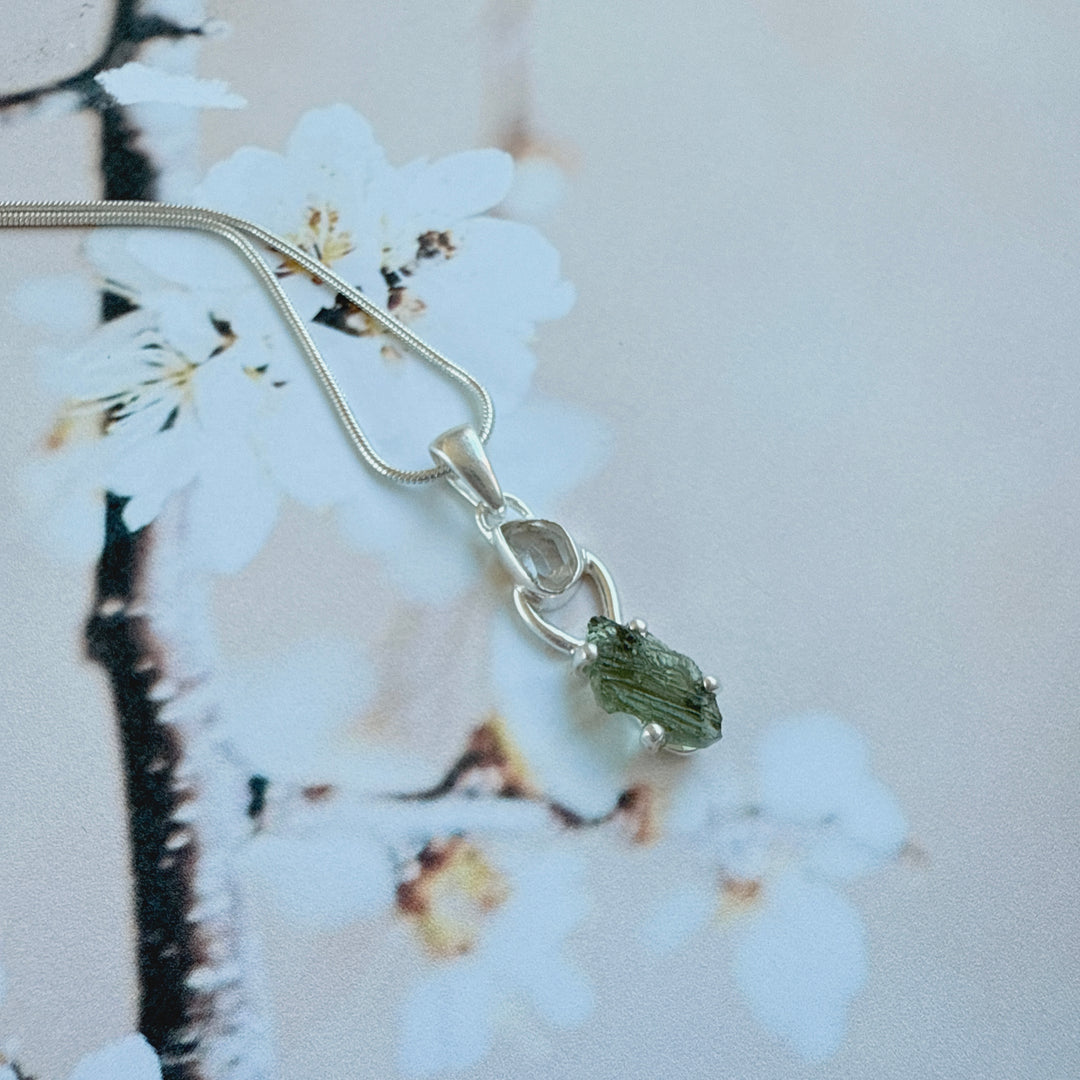 MOLDAVITE & HERKEMIER DIAMOND PENDANT