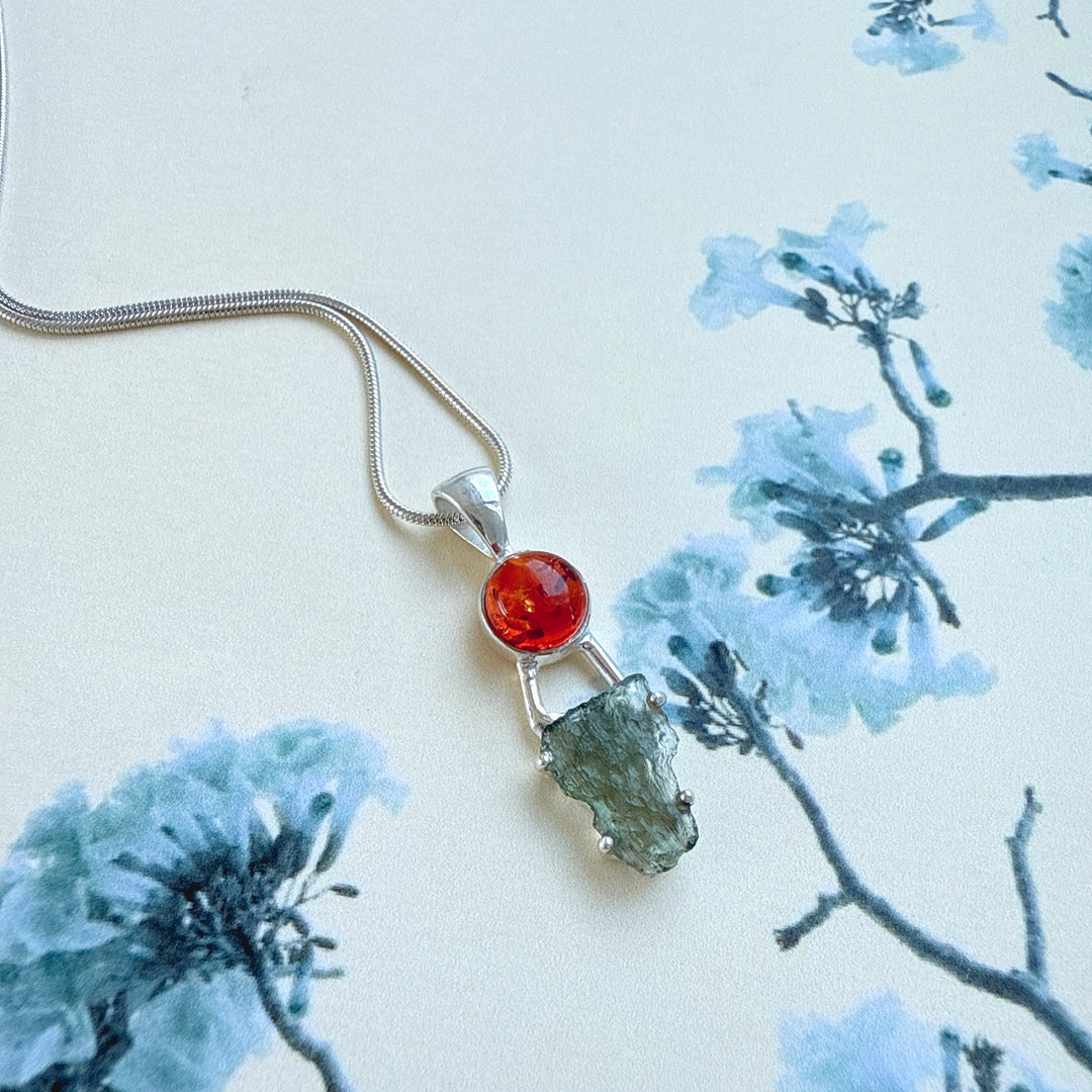 MOLDAVITE & BALTIC AMBER PENDANT