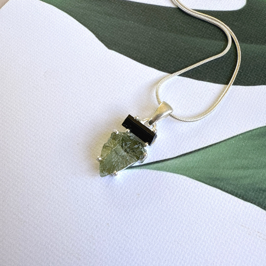 MOLDAVITE & BLACK TOURMALINE PENDANT