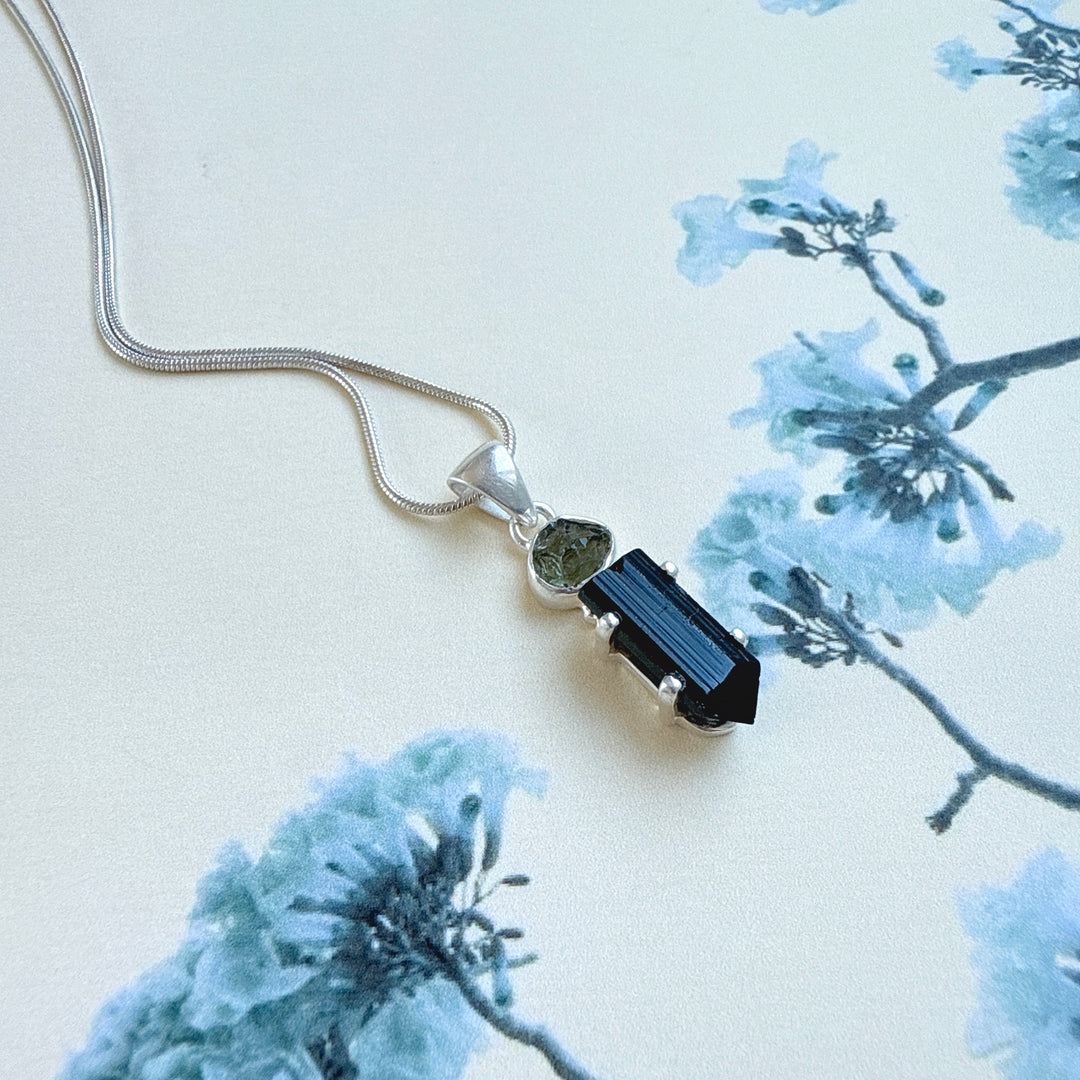 Moldavite & Black Tourmaline Pendant