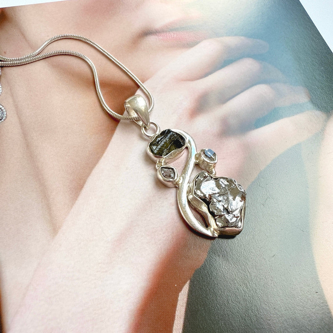 MOLDAVITE, HERKIMER DIAMOND, METEORITE CAMPO DEL CIELO PENDANT