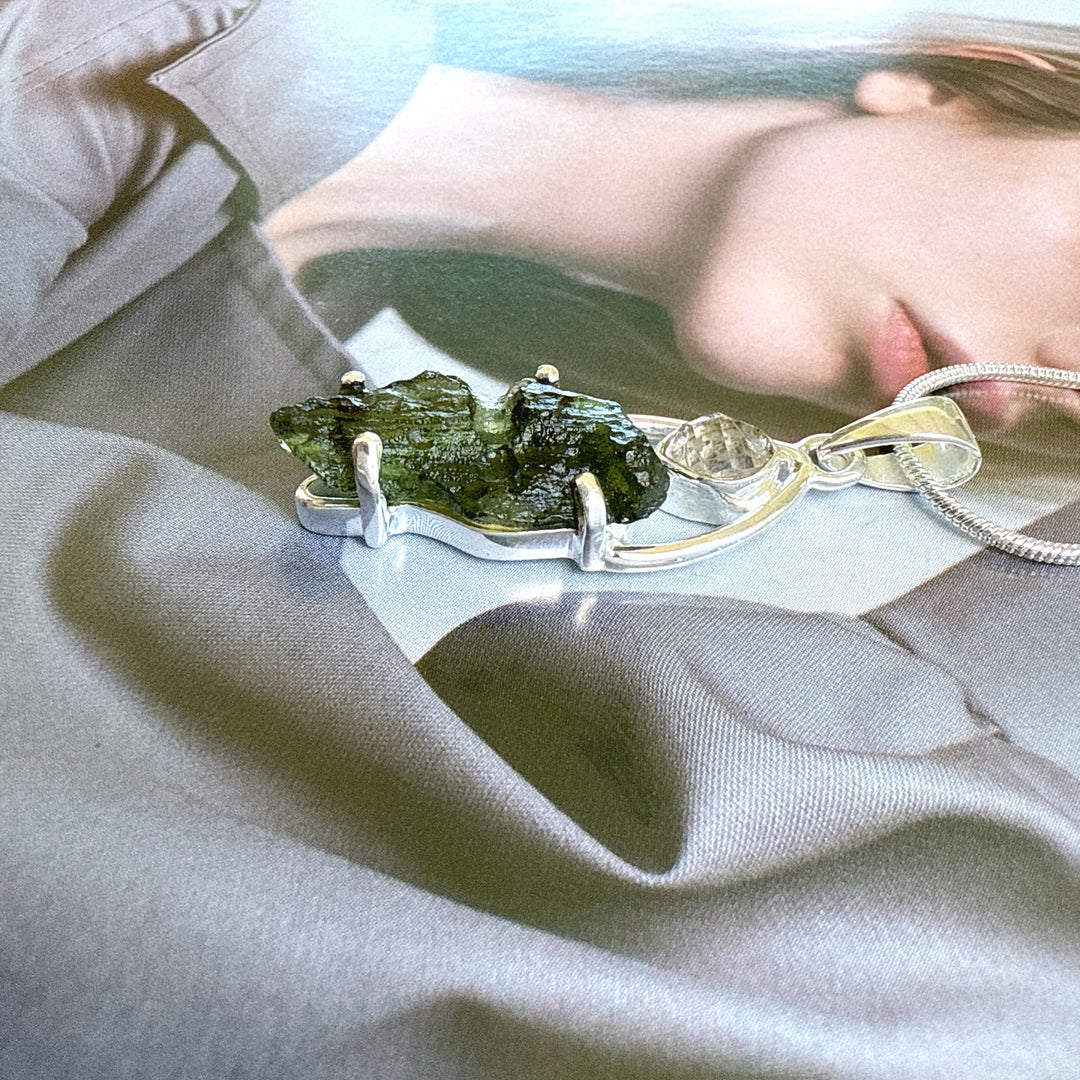 MOLDAVITE & HERKEMIER DIAMOND PENDANT