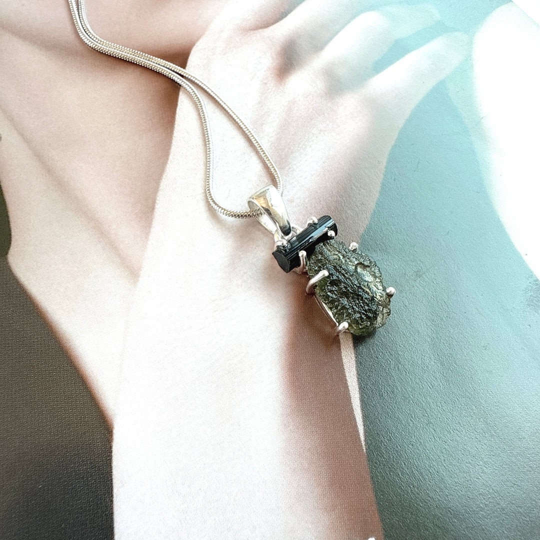 MOLDAVITE & BLACK TOURMALINE PENDANT