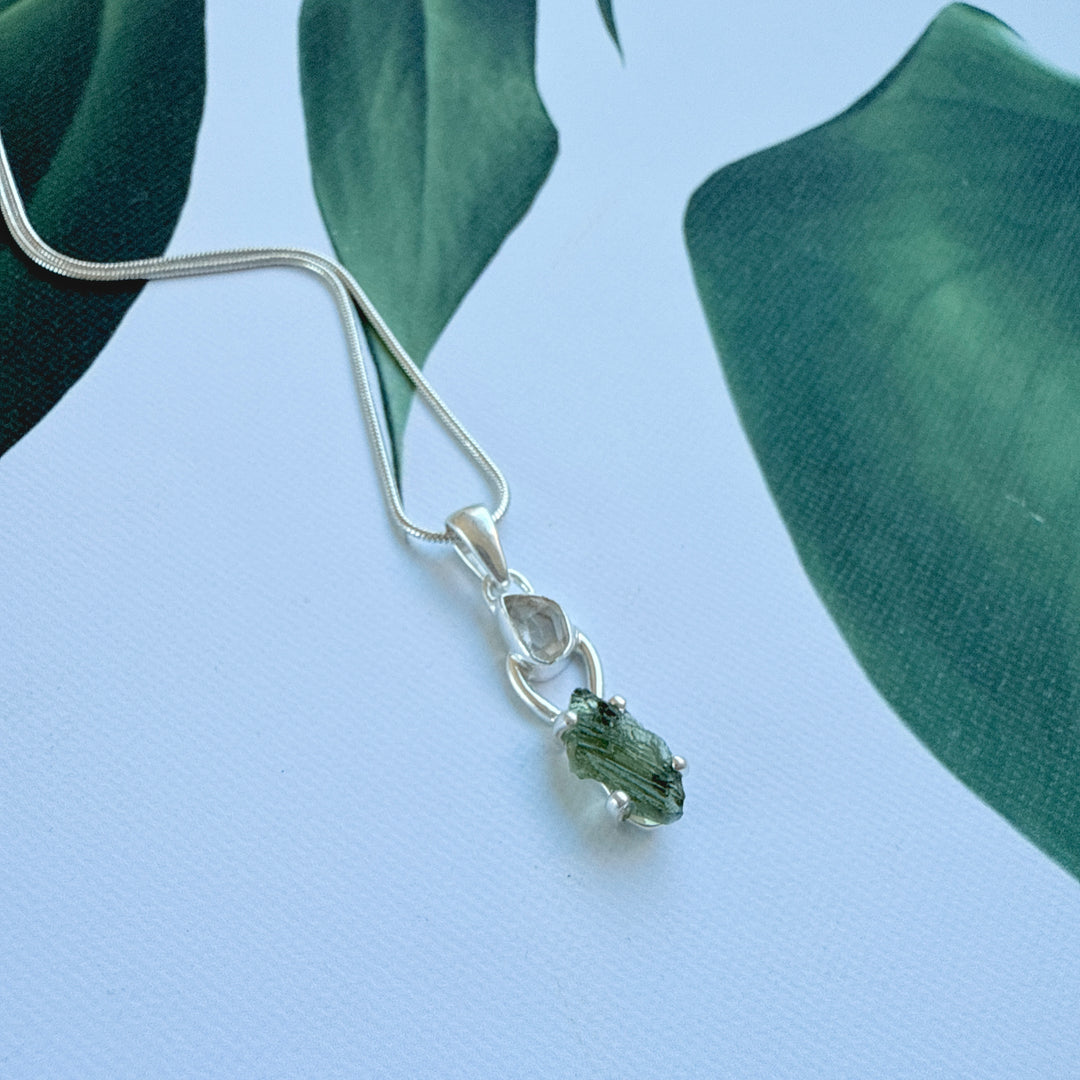 MOLDAVITE & HERKEMIER DIAMOND PENDANT