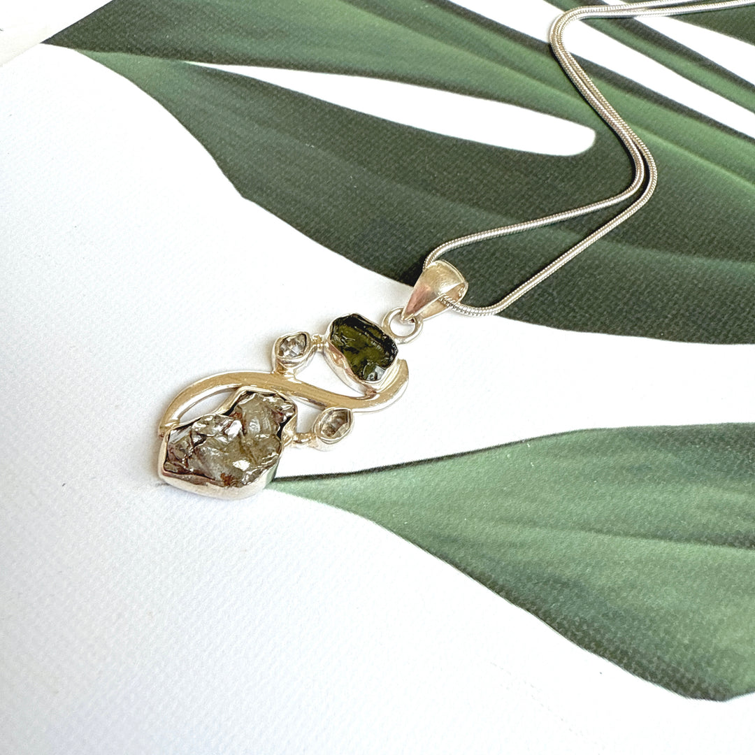 MOLDAVITE, HERKIMER DIAMOND, METEORITE CAMPO DEL CIELO PENDANT