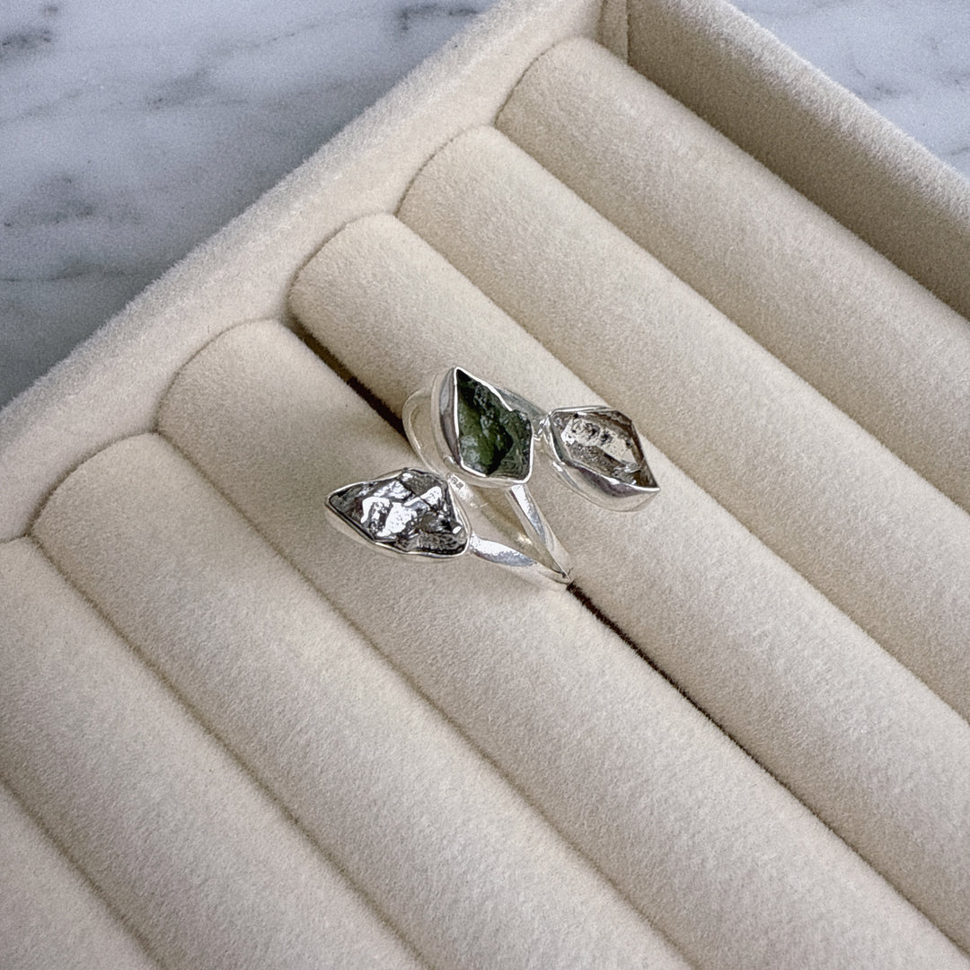 MOLDAVITE, HERKIMER DIAMOND & CAMPO DEL CIELO RING