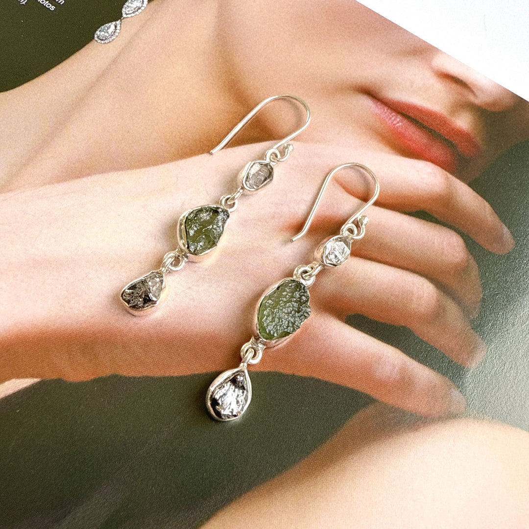 Moldavite, Campo Del Cielo & Herkimer Diamond Earrings