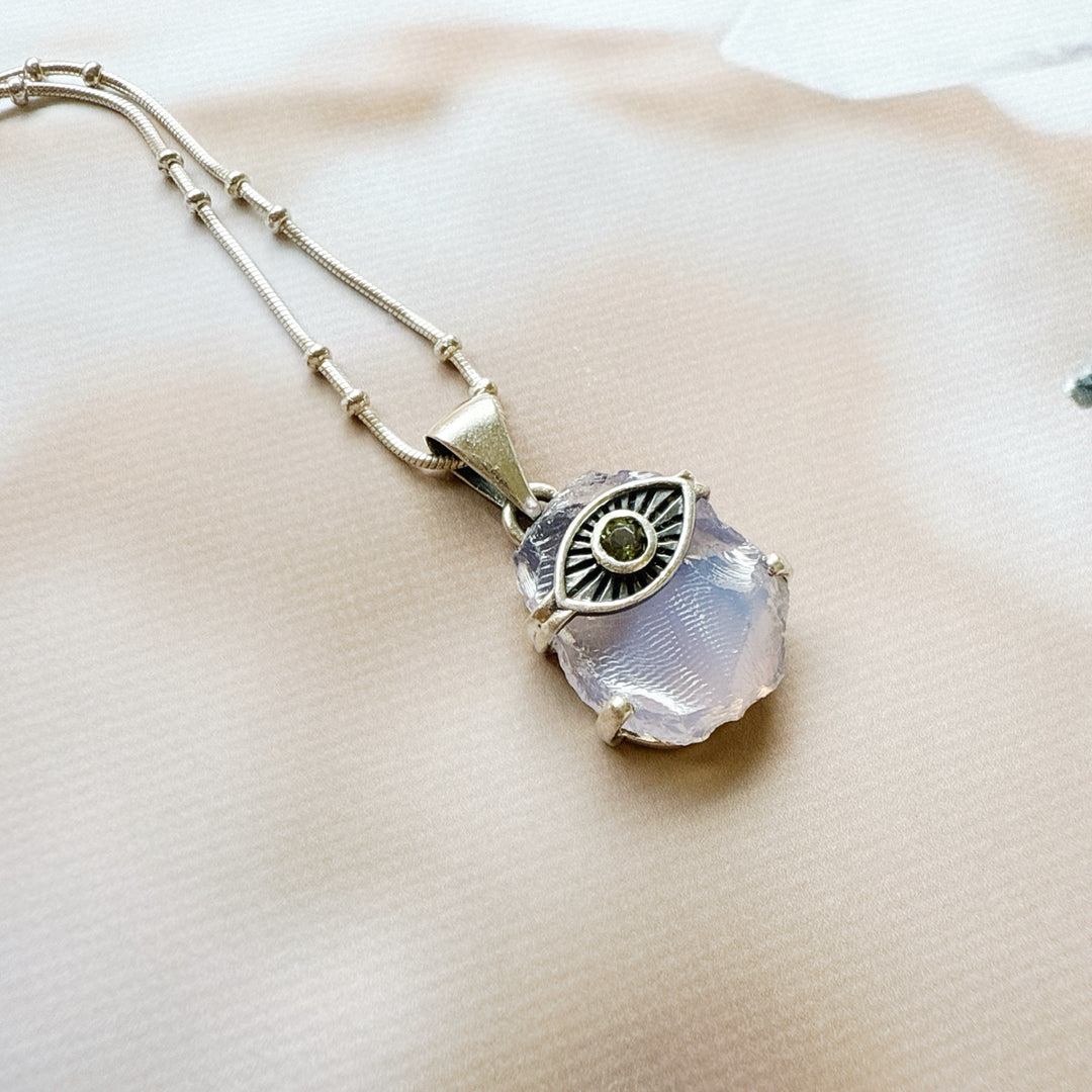 Evil Eye Pendant with Lavender & Faceted Moldavite