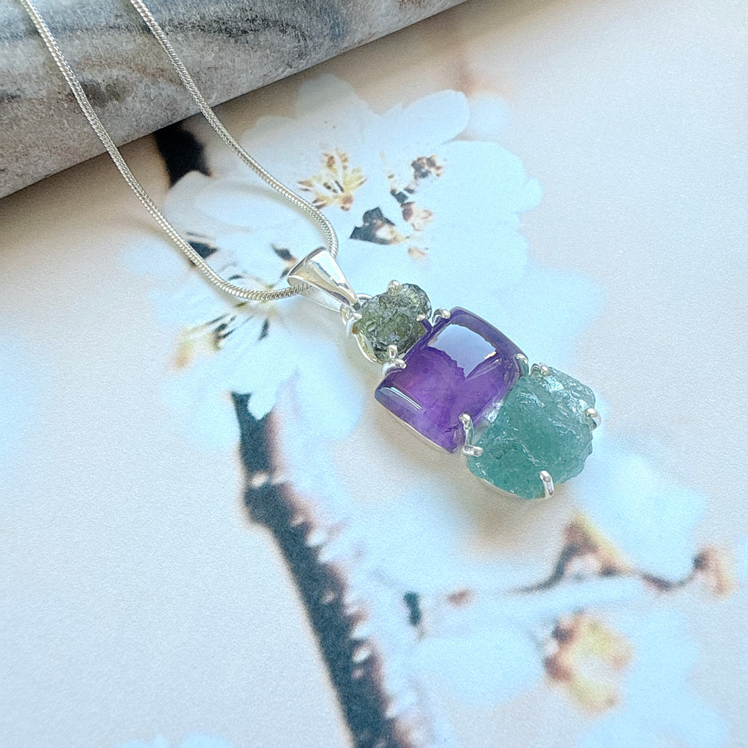 Moldavite,
Amethyst & Neon Blue Apatite Pendant