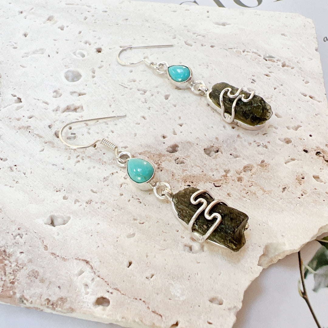 Moldavite & Blue Mohave Tq Silver Earrings