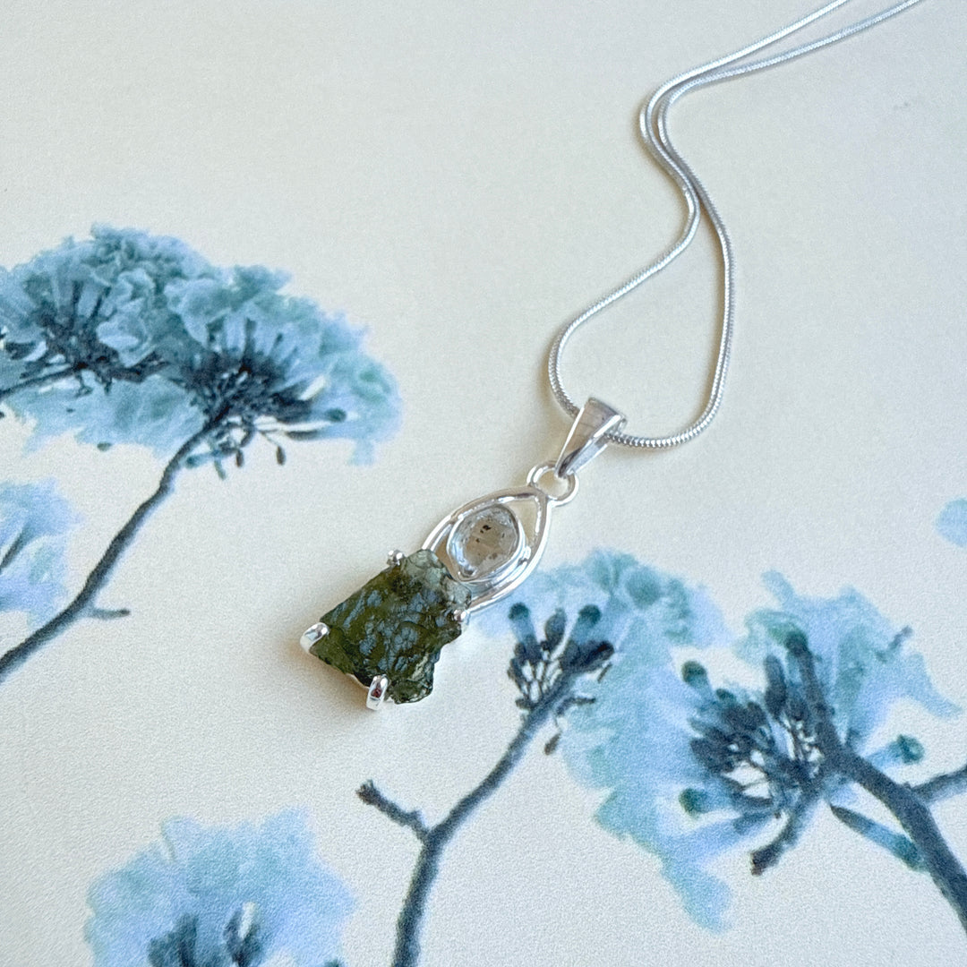MOLDAVITE & HERKEMIR DIAMOND PENDANT