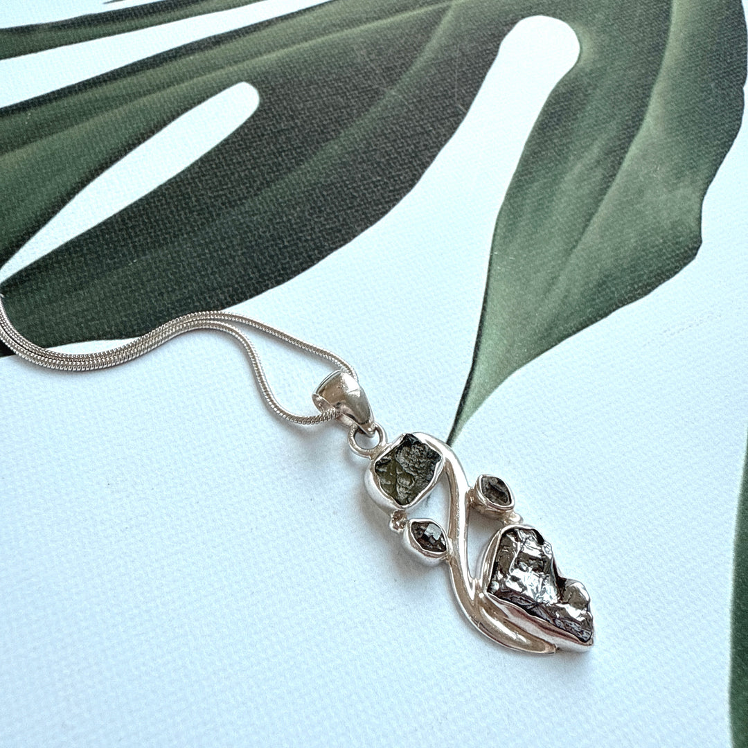 MOLDAVITE, HERKIMER DIAMOND, METEORITE CAMPO DEL CIELO PENDANT