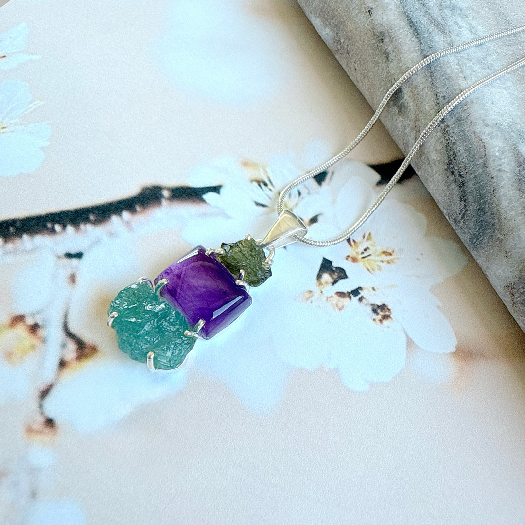 Moldavite,
Amethyst & Neon Blue Apatite Pendant
