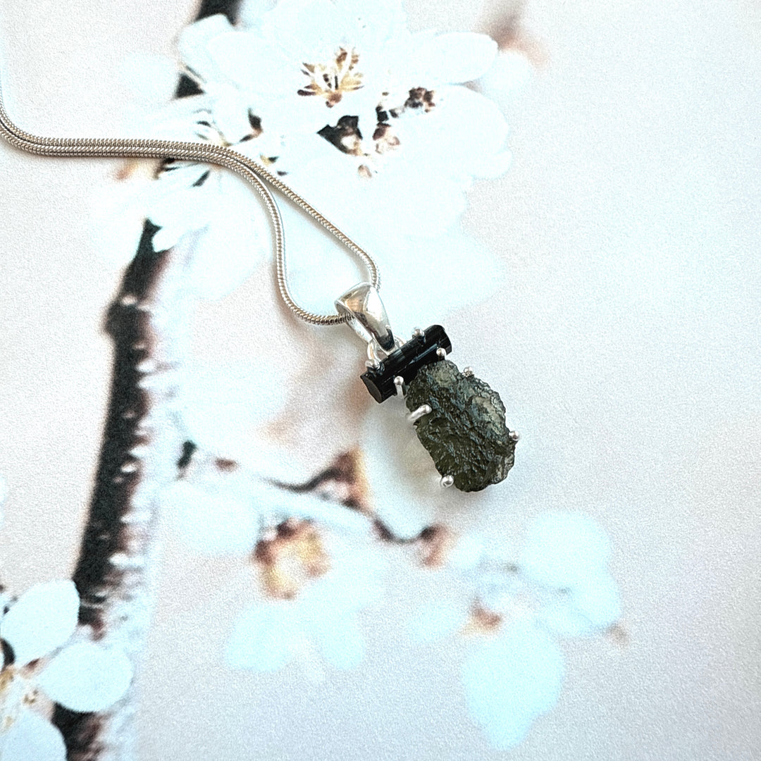 MOLDAVITE & BLACK TOURMALINE PENDANT