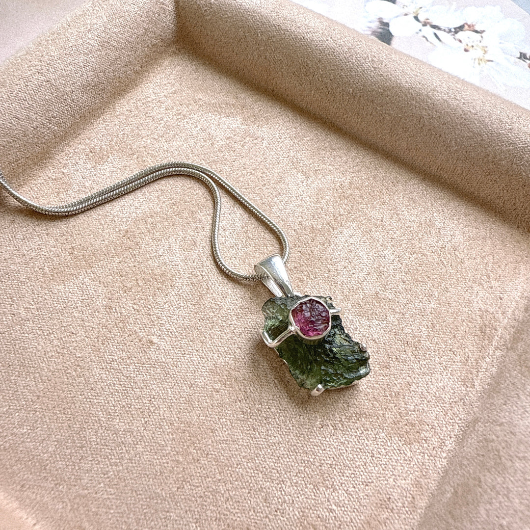 Moldavite & Pink Tourmaline Pendant